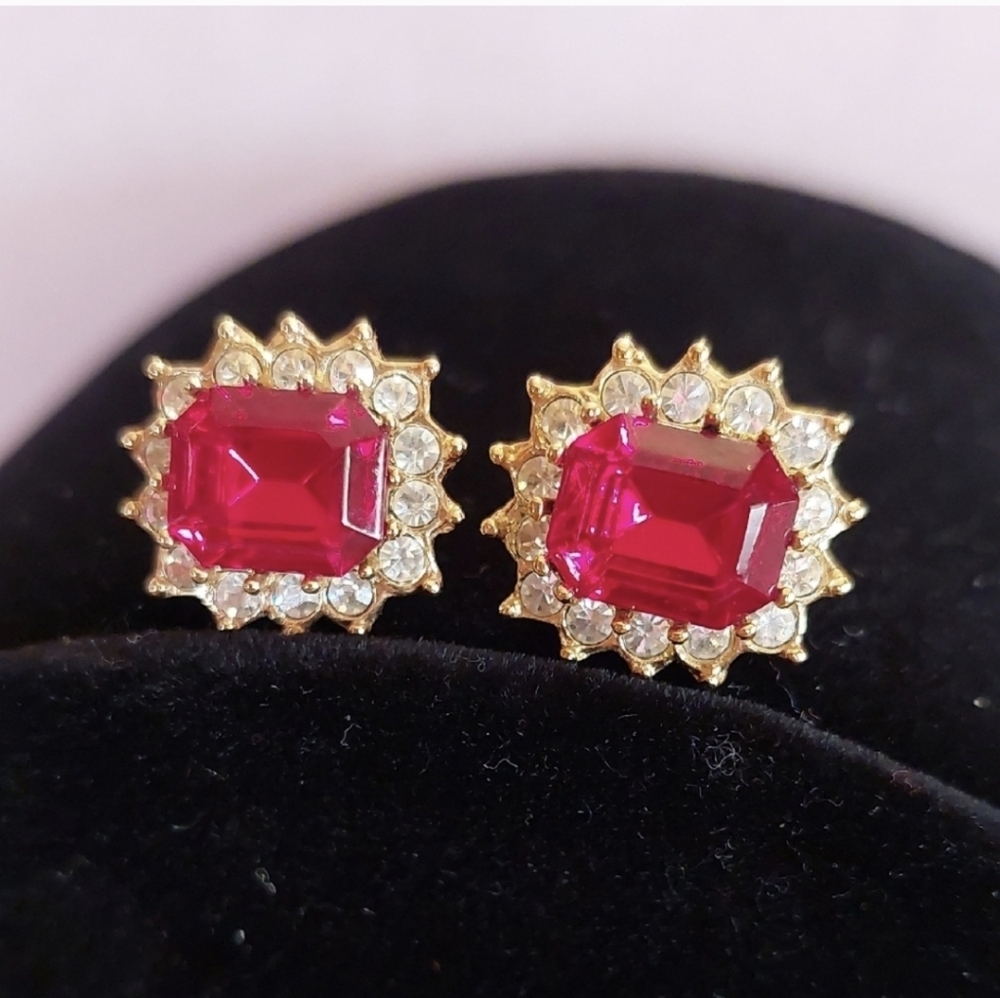 ROMAN Red Faceted Glass And CZ Pierced Earrings